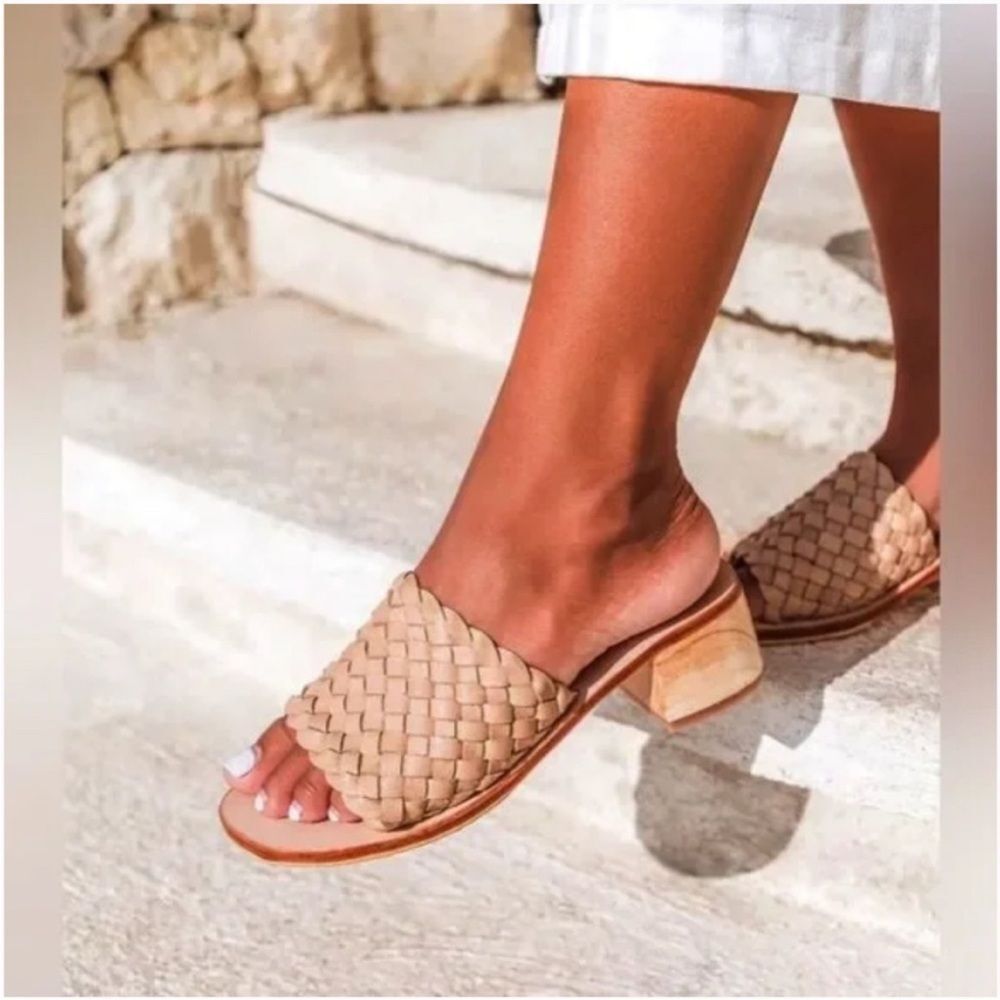 Woven Leather Slide Mules in Nude - Women